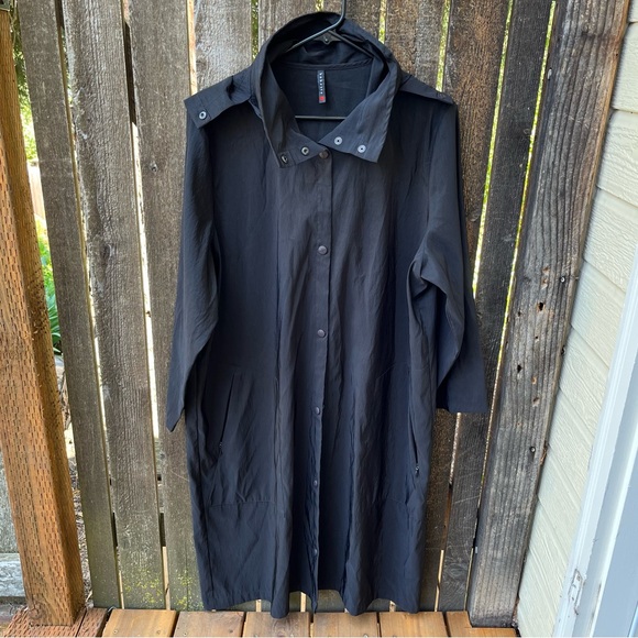 Babette Hooded Black Long Trench Rain Jacket In Sz M - Picture 1 of 16